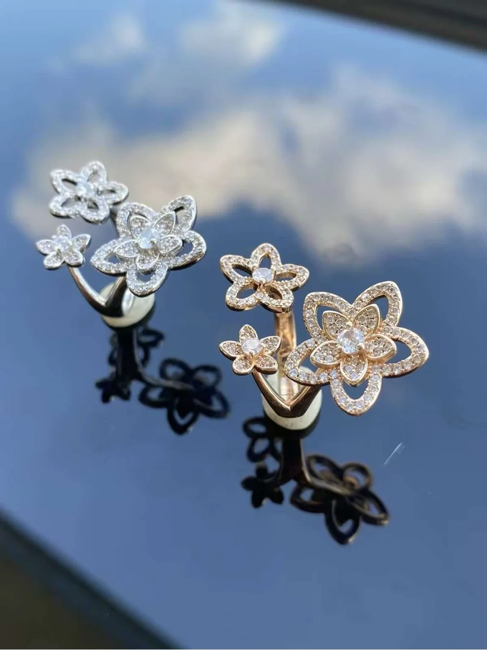 Sparkling Triple Flower Ring in Gold or Silver